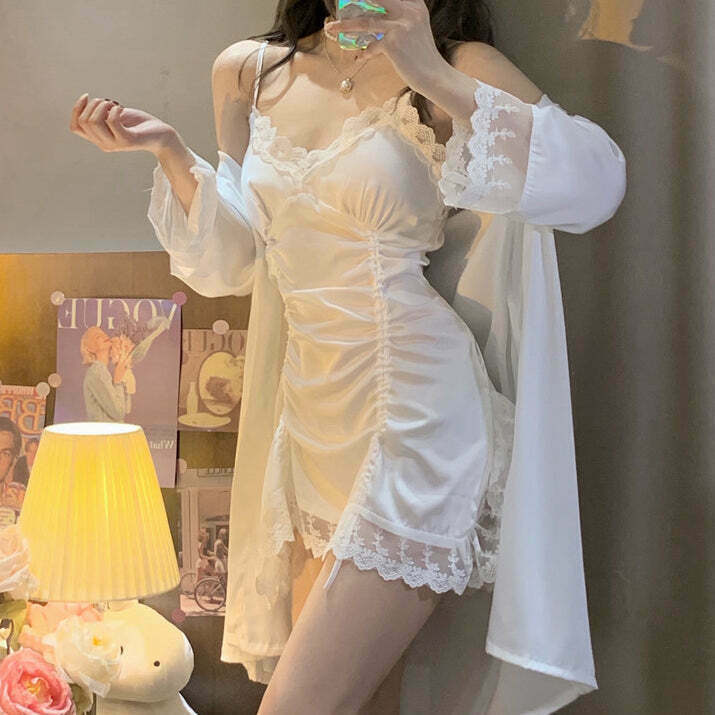 Gen Z Lace Sling Nightdress & Robe Set for Y2K Streetwear Style