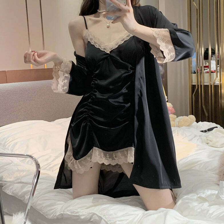 Gen Z Lace Sling Nightdress & Robe Set for Y2K Streetwear Style