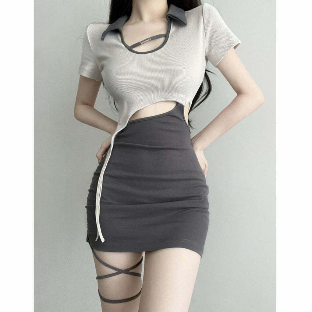 Gen Z Lace-Up U-Neck Cutout Bodycon Dress for K-POP & Streetwear