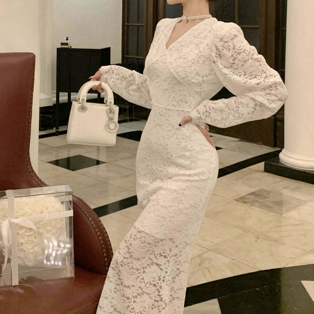 Gen Z Lace V-Neck Dress: White Long-Sleeve Streetwear Fashion