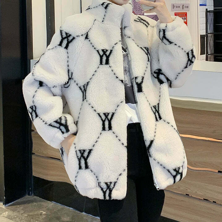 Gen Z Letter Print Lambswool Jacket: Streetwear Fashion for K-POP & Y2K Style