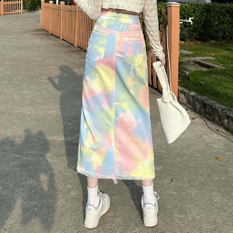 Gen Z Multicolored Tie-Dye Denim Skirt with Drawstring Detail