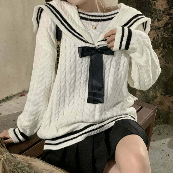 Gen Z Navy Bow Twist Knit Sweater | Y2K Streetwear Fashion