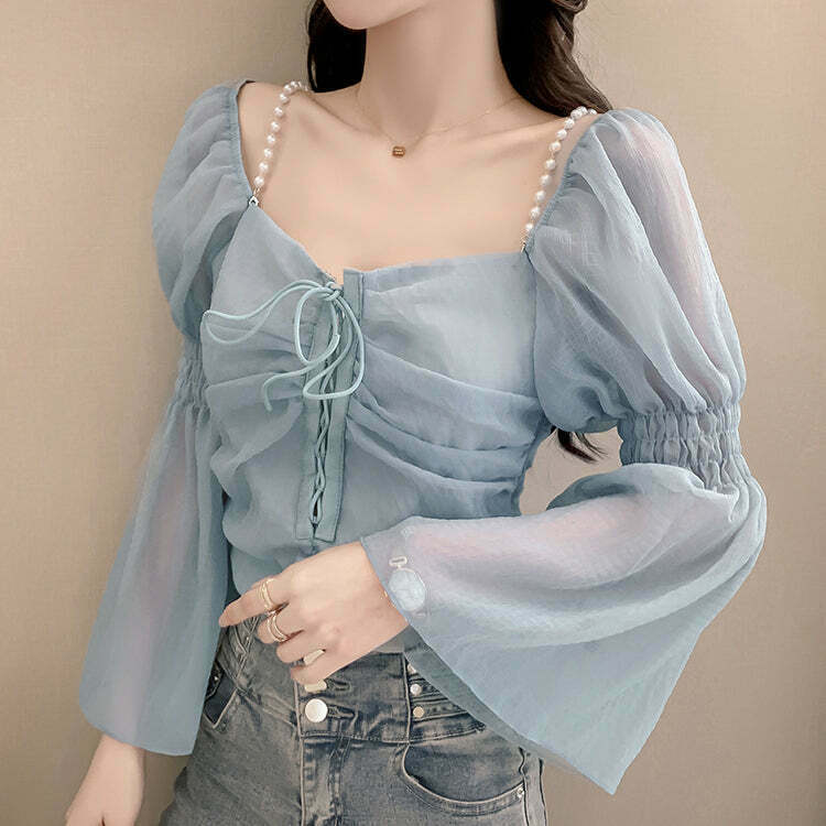 Gen Z Off-Shoulder Chiffon Top | K-POP Streetwear Y2K Style