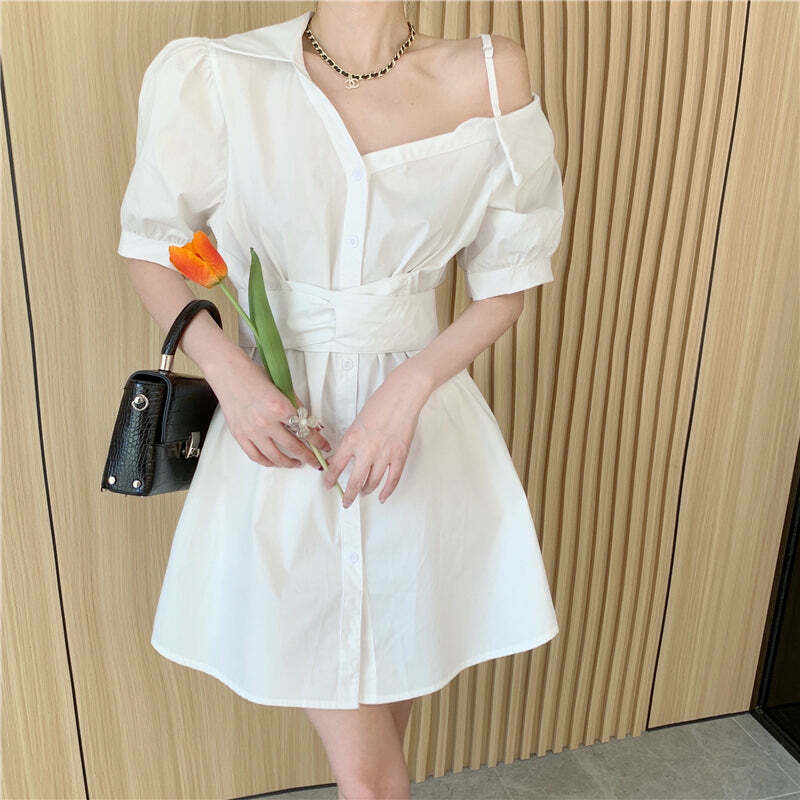 Gen Z Off-Shoulder Puff Sleeve Dress for K-POP & Y2K Fashion