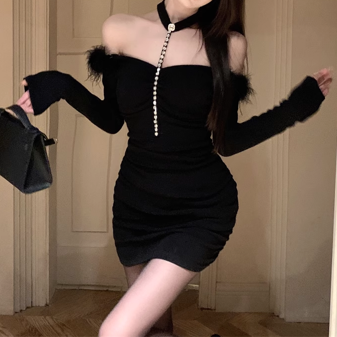 Gen Z Off-Shoulder Rhinestone Bodycon Dress for K-POP & Streetwear