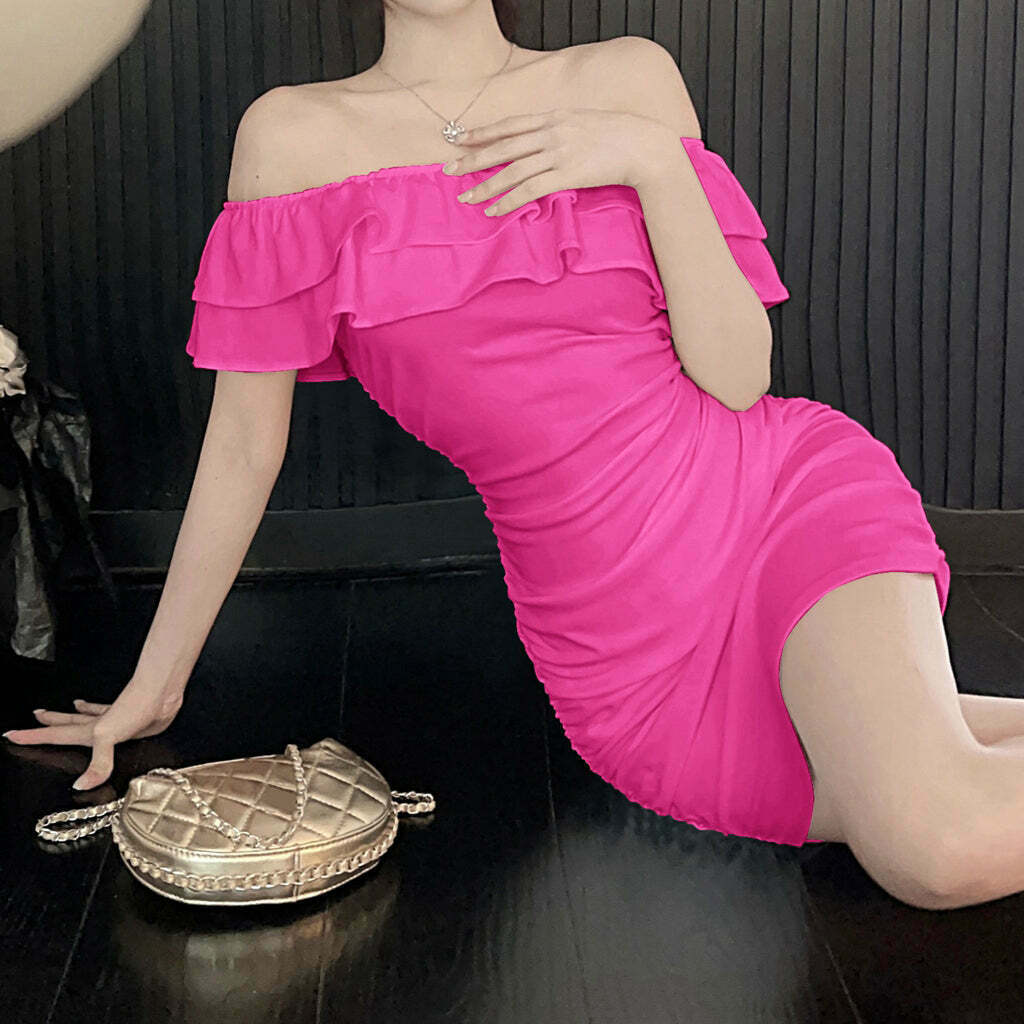 Gen Z Off-Shoulder Ruffled Pleated Dress for K-POP & Y2K Style