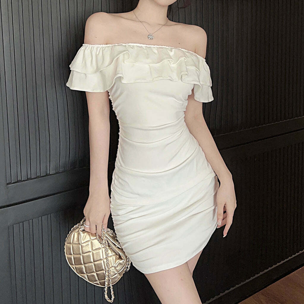 Gen Z Off-Shoulder Ruffled Pleated Dress for K-POP & Y2K Style