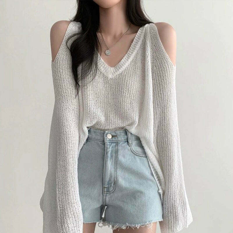 Gen Z Off-Shoulder V-Neck Knit Top: Y2K Streetwear Style