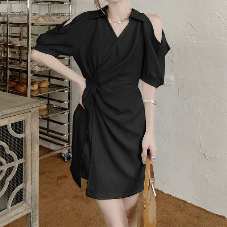 Gen Z Off-Shoulder V-Neck Shirt Dress for K-POP & Streetwear