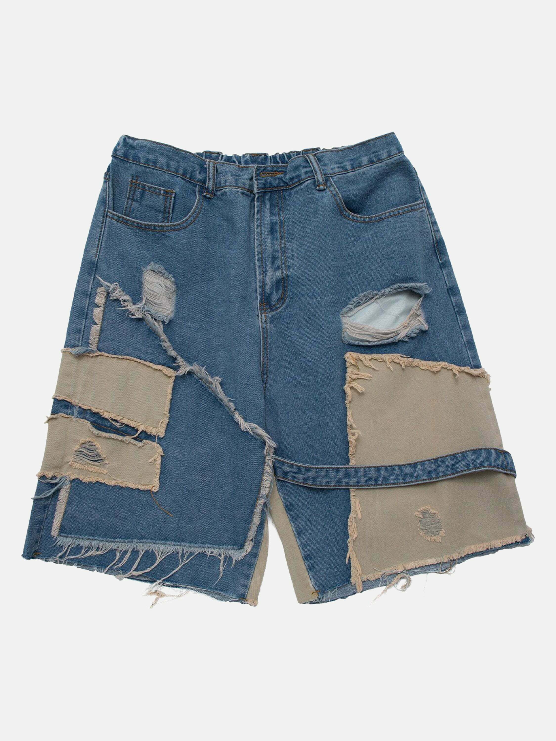 Gen Z Patchwork Denim Shorts with Irregular Ripped Holes