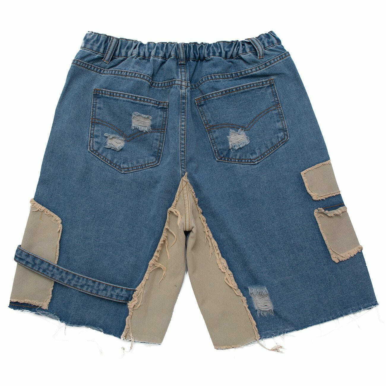 Gen Z Patchwork Denim Shorts with Irregular Ripped Holes