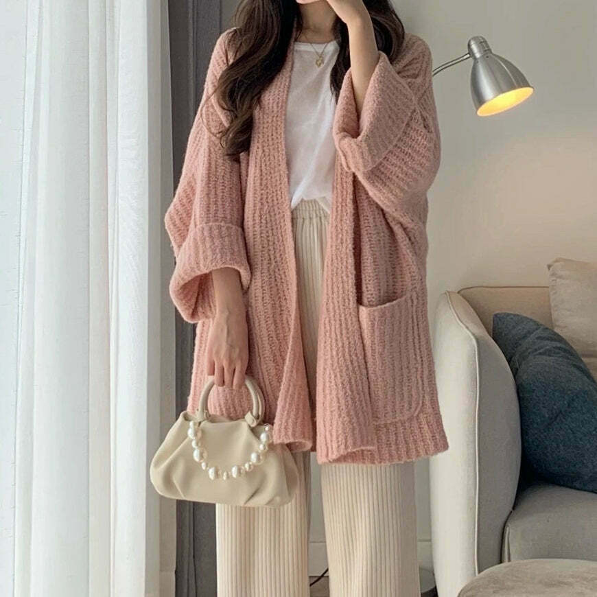 Gen Z Pink Knit Cardigan: Belted, Loose Fit, Long Sleeve