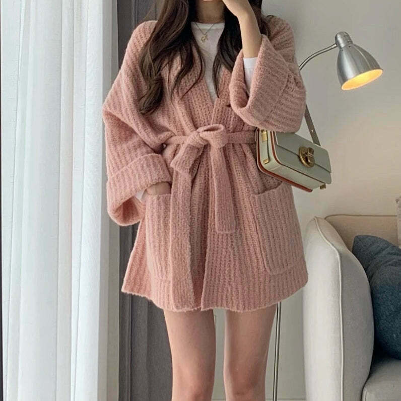 Gen Z Pink Knit Cardigan: Belted, Loose Fit, Long Sleeve