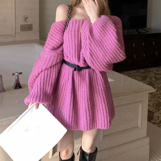 Gen Z Pink Knit Dress: Y2K Streetwear Style with Belted Detail