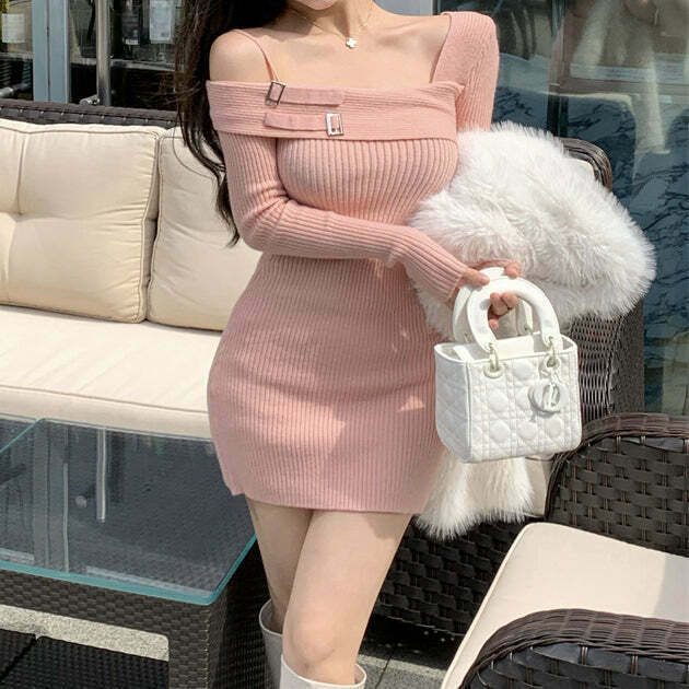 Gen Z Pink Off-Shoulder Knit Dress: K-POP Streetwear Y2K Style