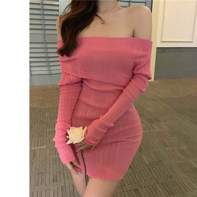 Gen Z Pink Off-Shoulder Knit Dress | Y2K Streetwear Fashion