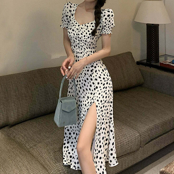 Gen Z Polka Dot Square Neck Slit Long Dress | K-POP Streetwear Y2K Fashion