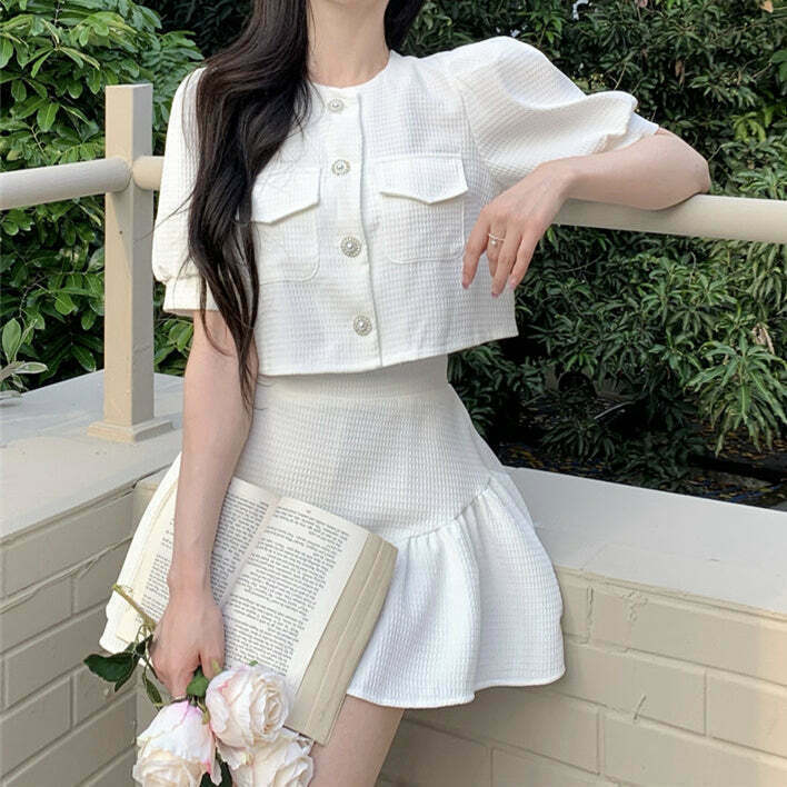 Gen Z Puff Sleeve Jacket & High Waist A-Line Skirt Set - K-POP Streetwear Y2K Fashion