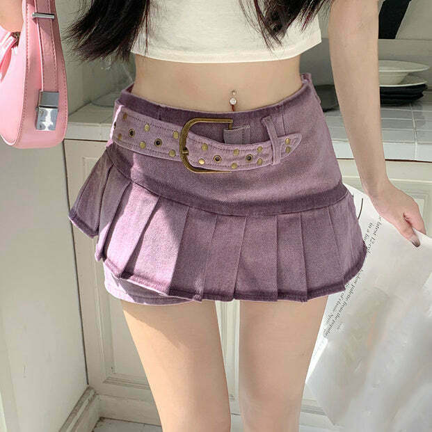 Gen Z Purple Denim Pleated Skirt | Vintage High Waist Streetwear Y2K Fashion