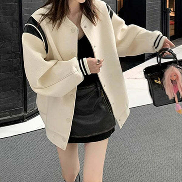 Gen Z Retro Wool Blend Coat with Colorful Stitching for Streetwear Fashion