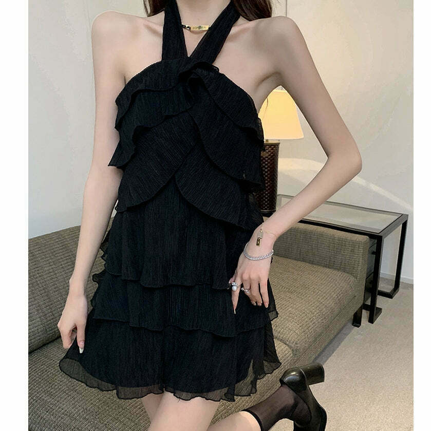 Gen Z Ruffle Pleated Halter Prom Dress for K-POP & Y2K Fashion