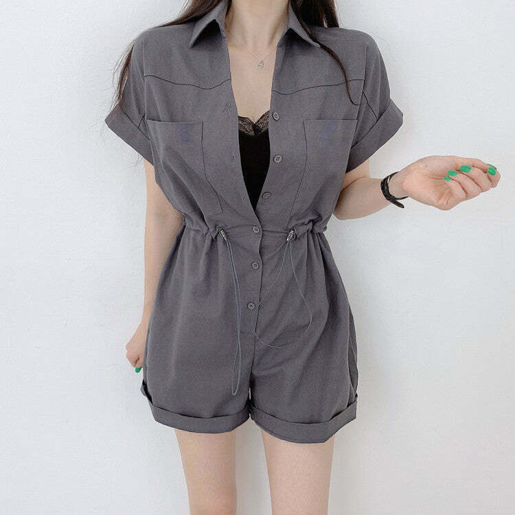 Gen Z Short Sleeve Jumpsuit: Streetwear Romper with Pocket