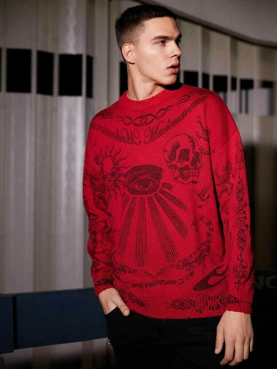 Gen Z Skull Print Distressed Sweater for Trendy Streetwear Style