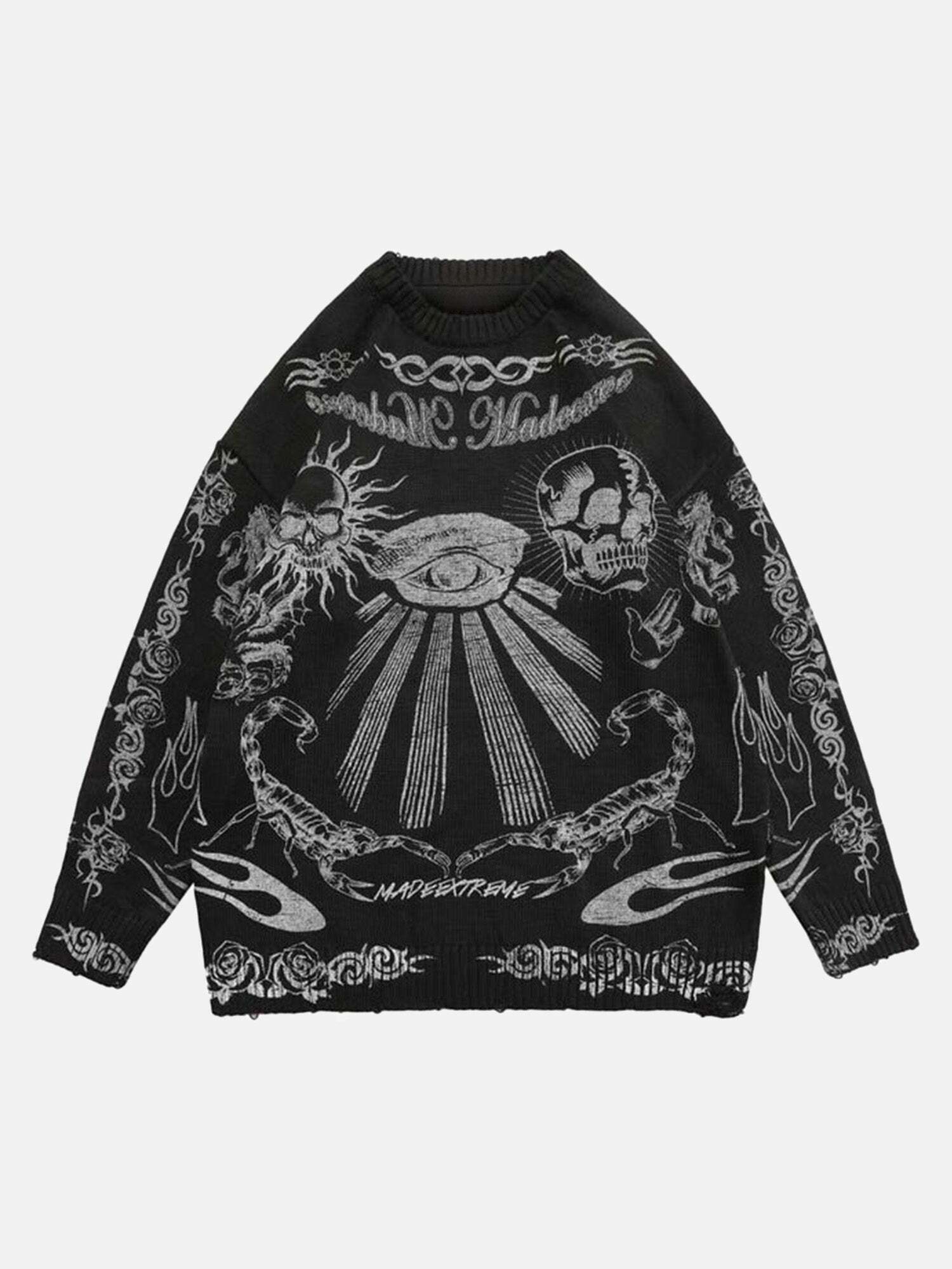 Gen Z Skull Print Distressed Sweater for Trendy Streetwear Style