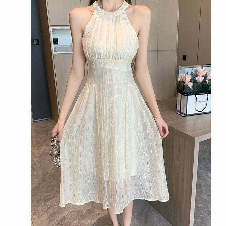 Gen Z Sleeveless Lace Ribbon Dress with High Waist Halter