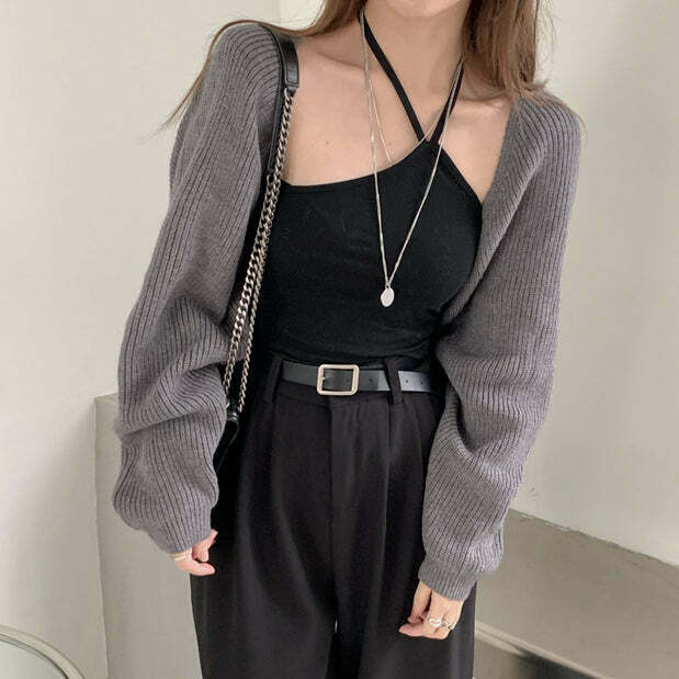 Gen Z Solid Color V-Neck Knit Cardigan for Y2K Streetwear Style