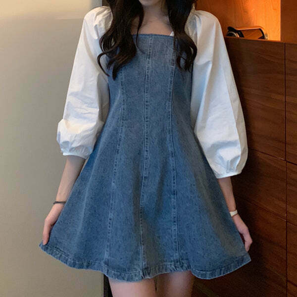 Gen Z Square Neck Puff Sleeve Denim Dress | Y2K Streetwear Fashion