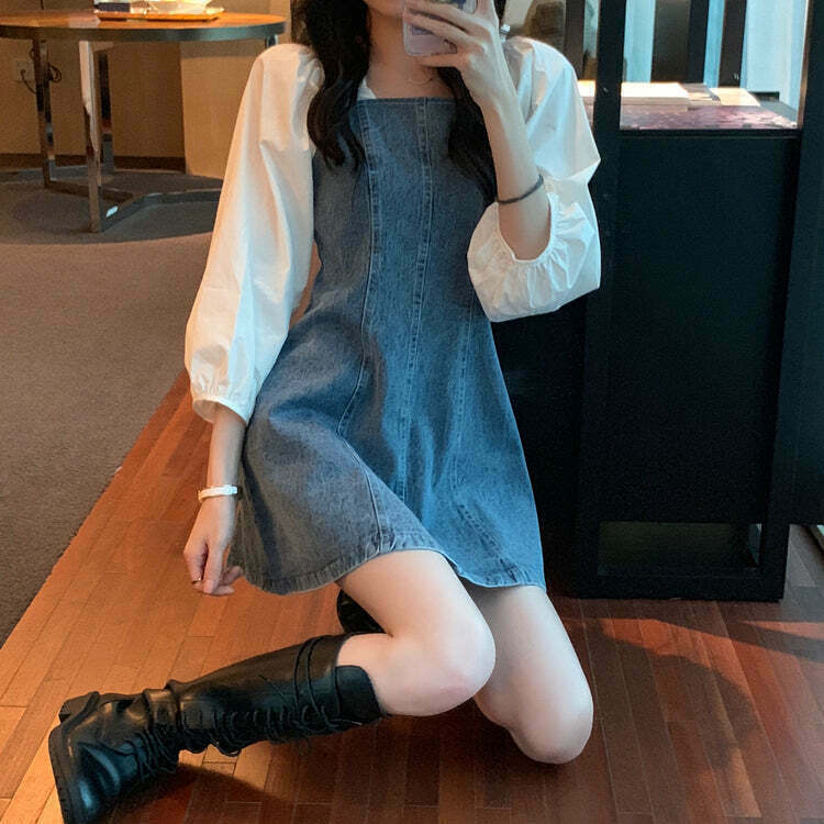 Gen Z Square Neck Puff Sleeve Denim Dress | Y2K Streetwear Fashion