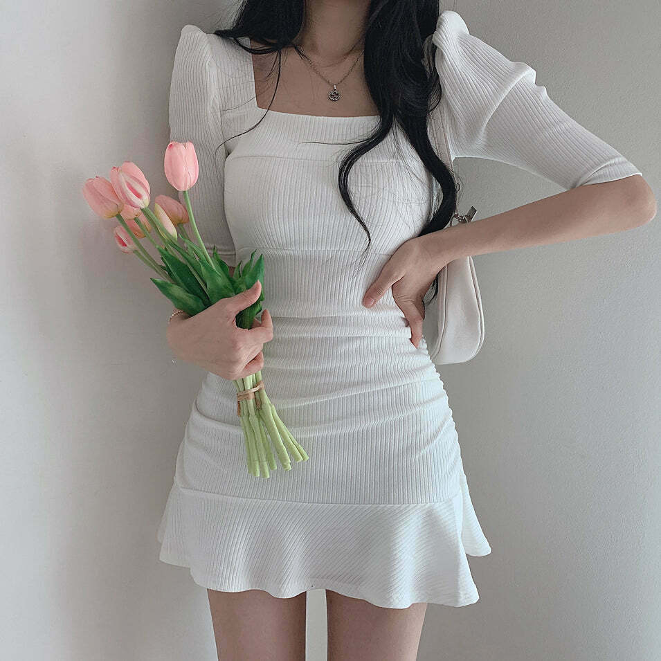 Gen Z Square Neck Puff Sleeve Short Dress | K-POP Streetwear Y2K Fashion