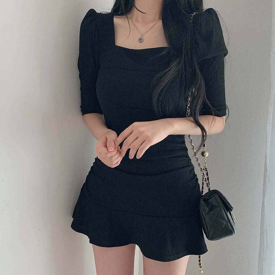 Gen Z Square Neck Puff Sleeve Short Dress | K-POP Streetwear Y2K Fashion