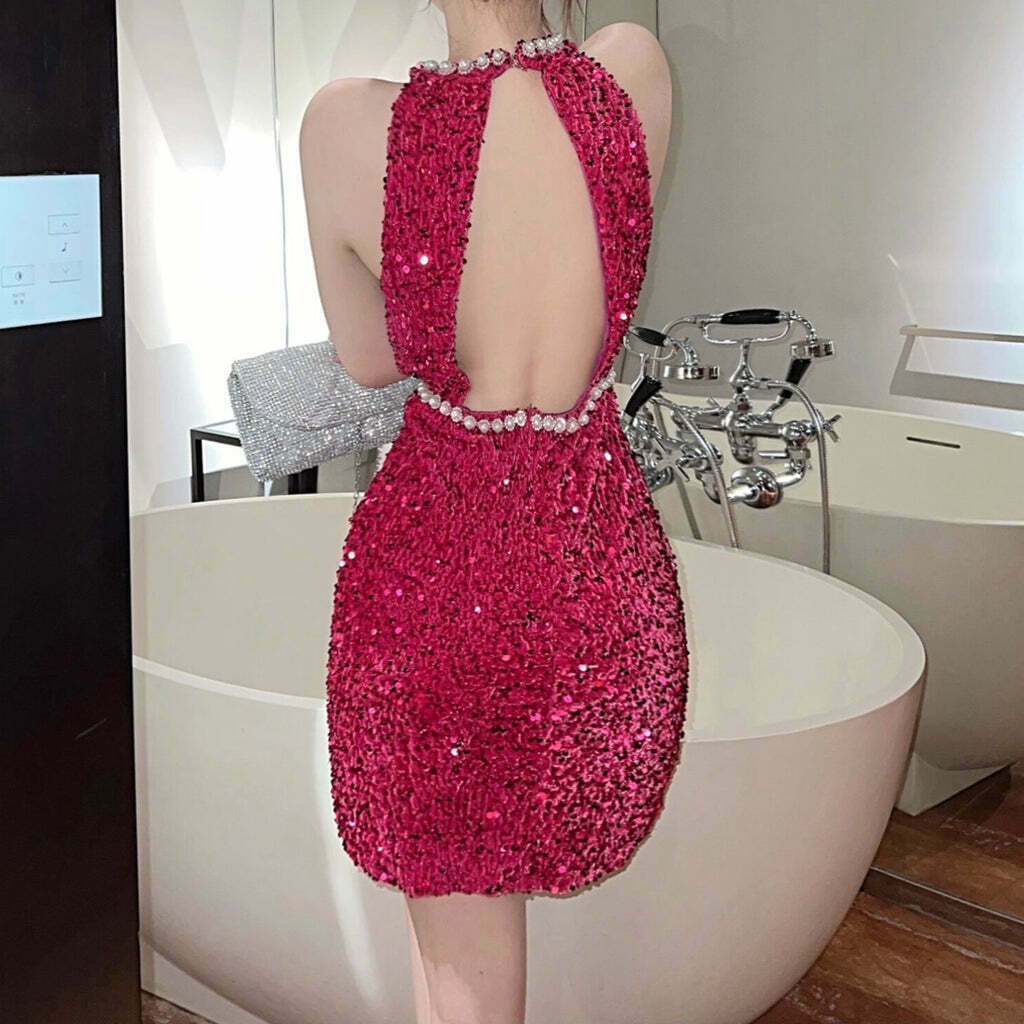 Gen Z Streetwear: Backless Beaded Sequins Slim Fit Dress for Y2K Fashion