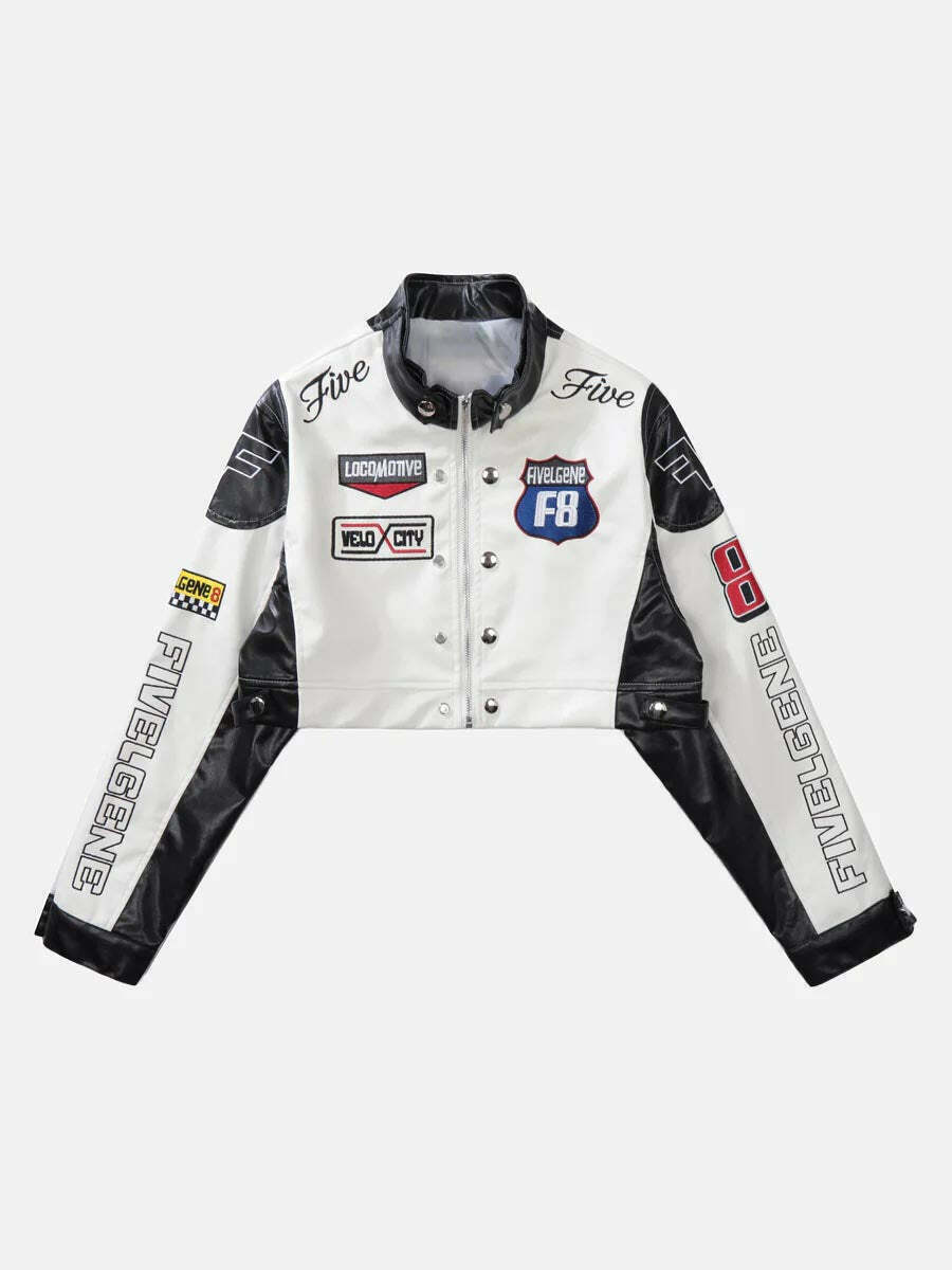 Gen Z Streetwear: Badge Short PU Leather Racing Jacket