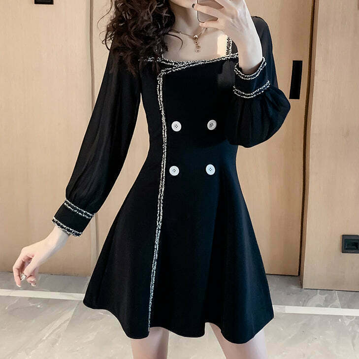 Gen Z Streetwear: Black Double Breasted Long Sleeve Dress