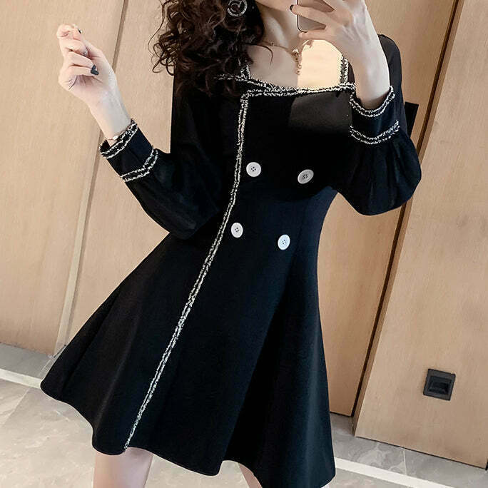 Gen Z Streetwear: Black Double Breasted Long Sleeve Dress