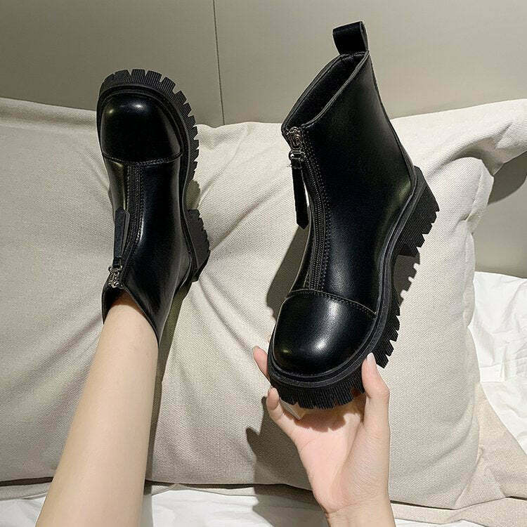 Gen Z Streetwear: Black Platform Mid-Top Zipper Boots for K-POP & Y2K Fashion