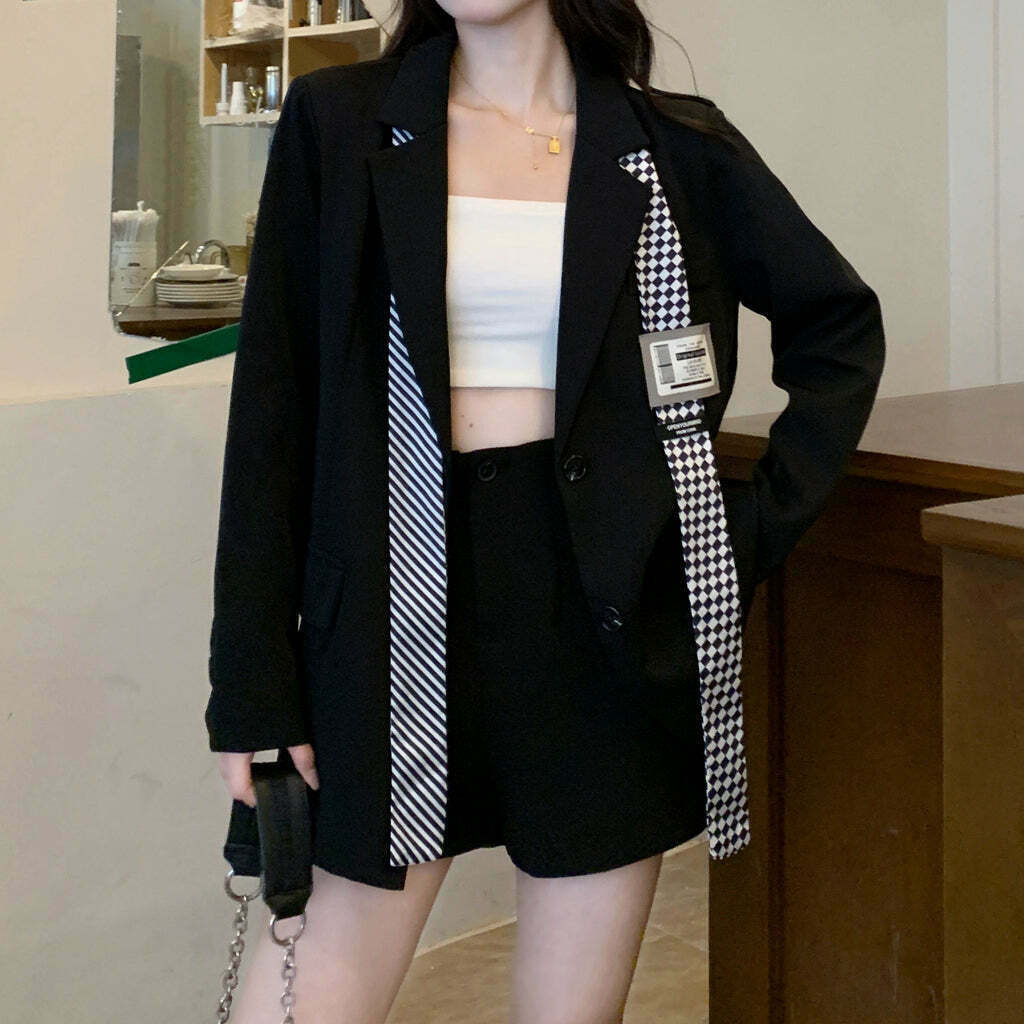 Gen Z Streetwear: Black Plus Size Long Sleeve Blazer for K-POP Fashion