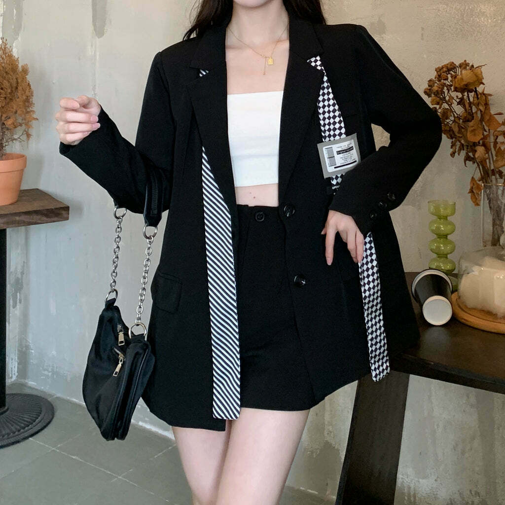 Gen Z Streetwear: Black Plus Size Long Sleeve Blazer for K-POP Fashion