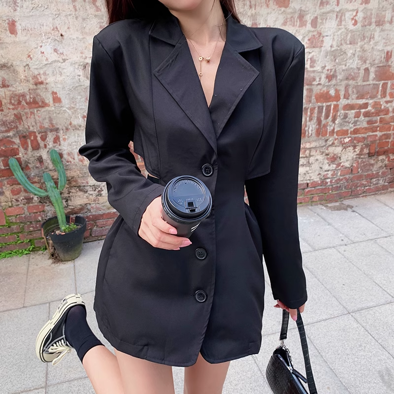 Gen Z Streetwear Blazer Collar Dress with Open Waist - Y2K Fashion