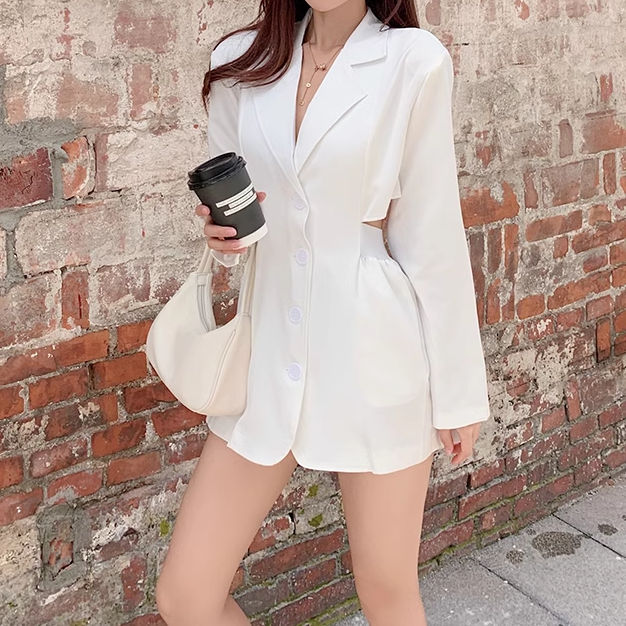 Gen Z Streetwear Blazer Collar Dress with Open Waist - Y2K Fashion