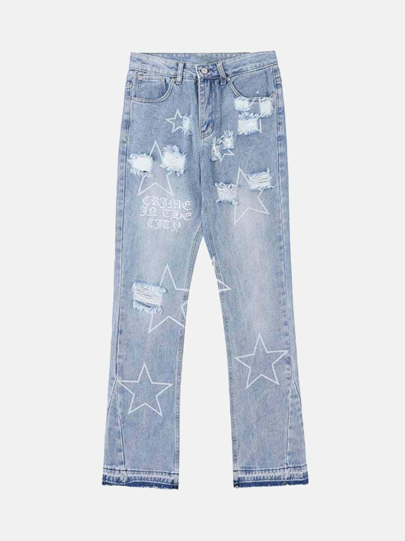 Gen Z Streetwear: Distressed Star Print Jeans for Trendy K-POP Style - 1741