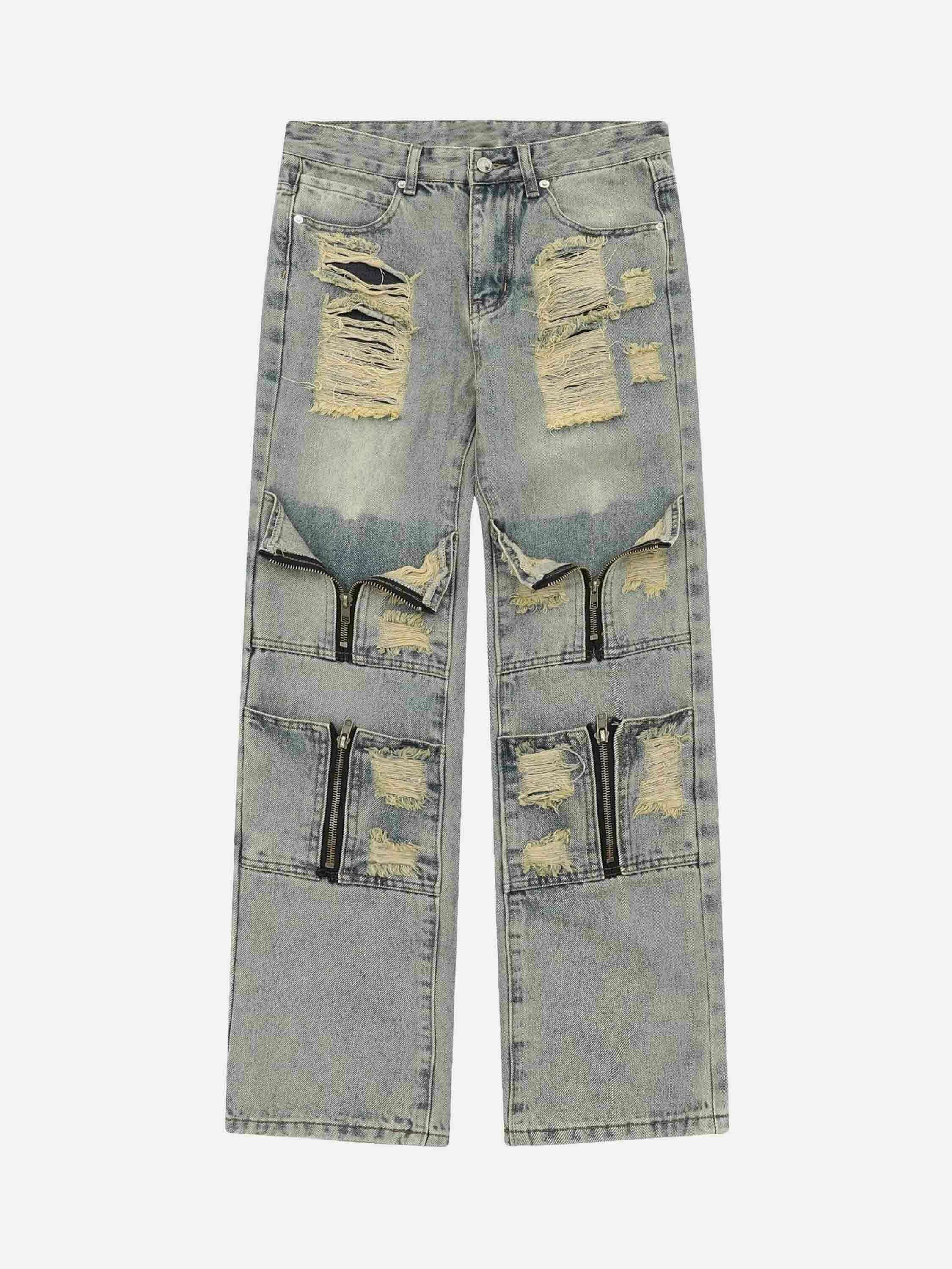 Gen Z Streetwear: Distressed Straight Denim Pants with Work Pockets