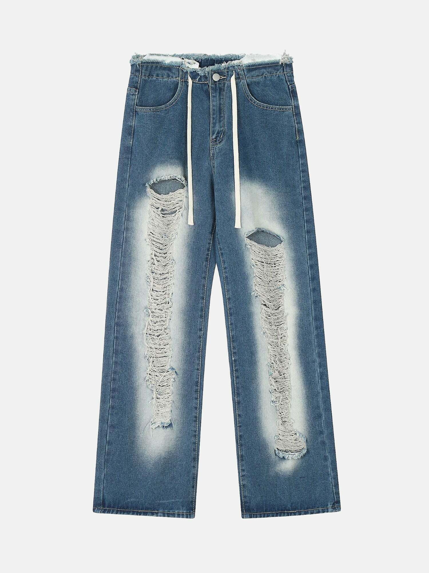 Gen Z Streetwear: Distressed Washed Drawstring Jeans for Y2K Style