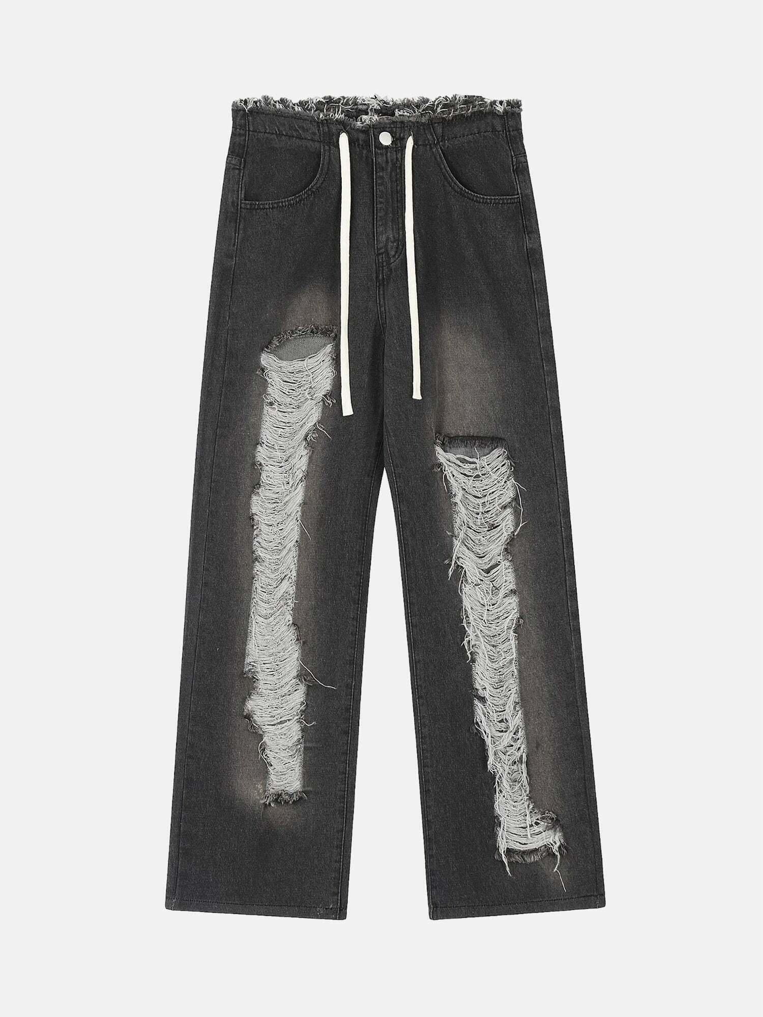 Gen Z Streetwear: Distressed Washed Drawstring Jeans for Y2K Style