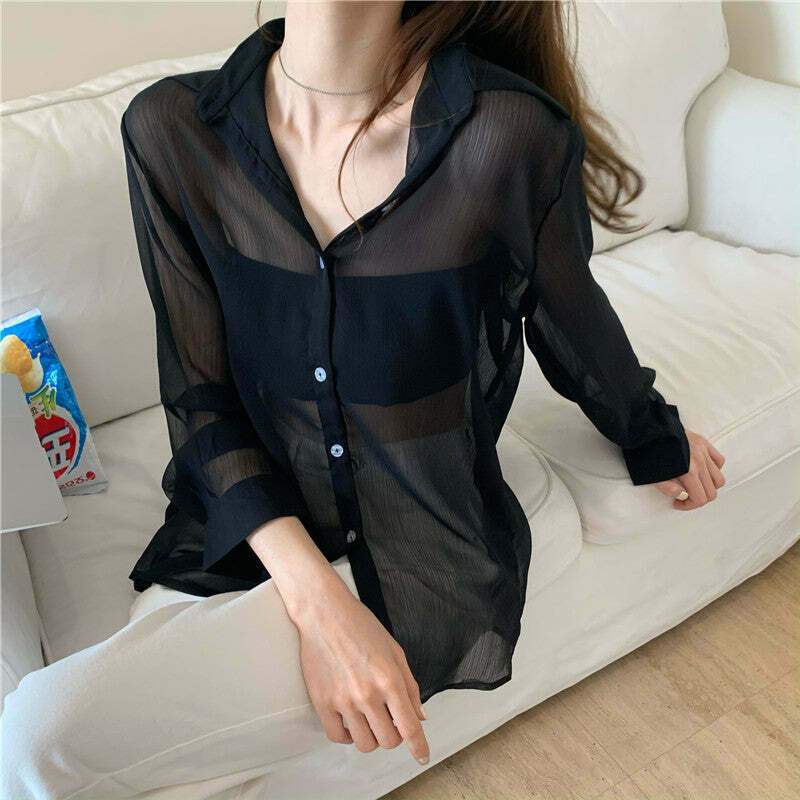 Gen Z Streetwear Drop Shoulder Sheer Blouse for Y2K Fashion