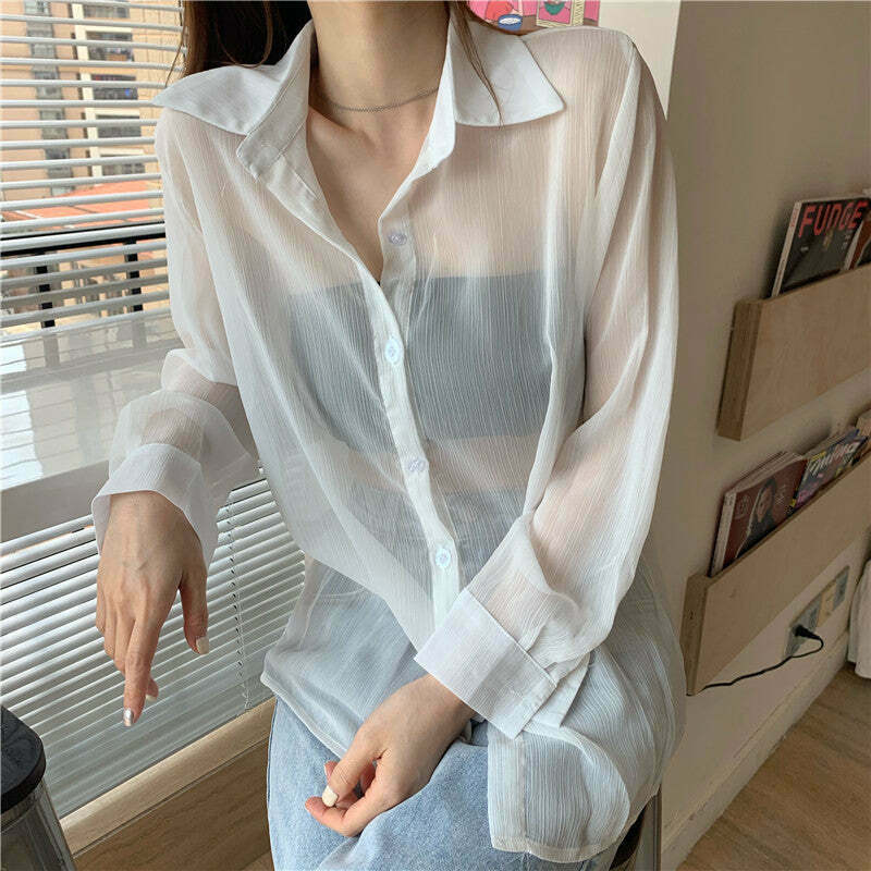 Gen Z Streetwear Drop Shoulder Sheer Blouse for Y2K Fashion